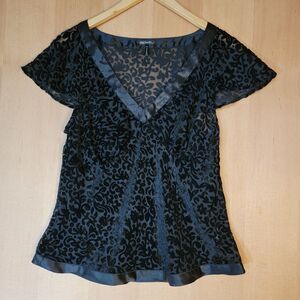 Daisy Fuentes Glam Black Velvet Burnout Blouse Women's Petite XL Satin V-Neck